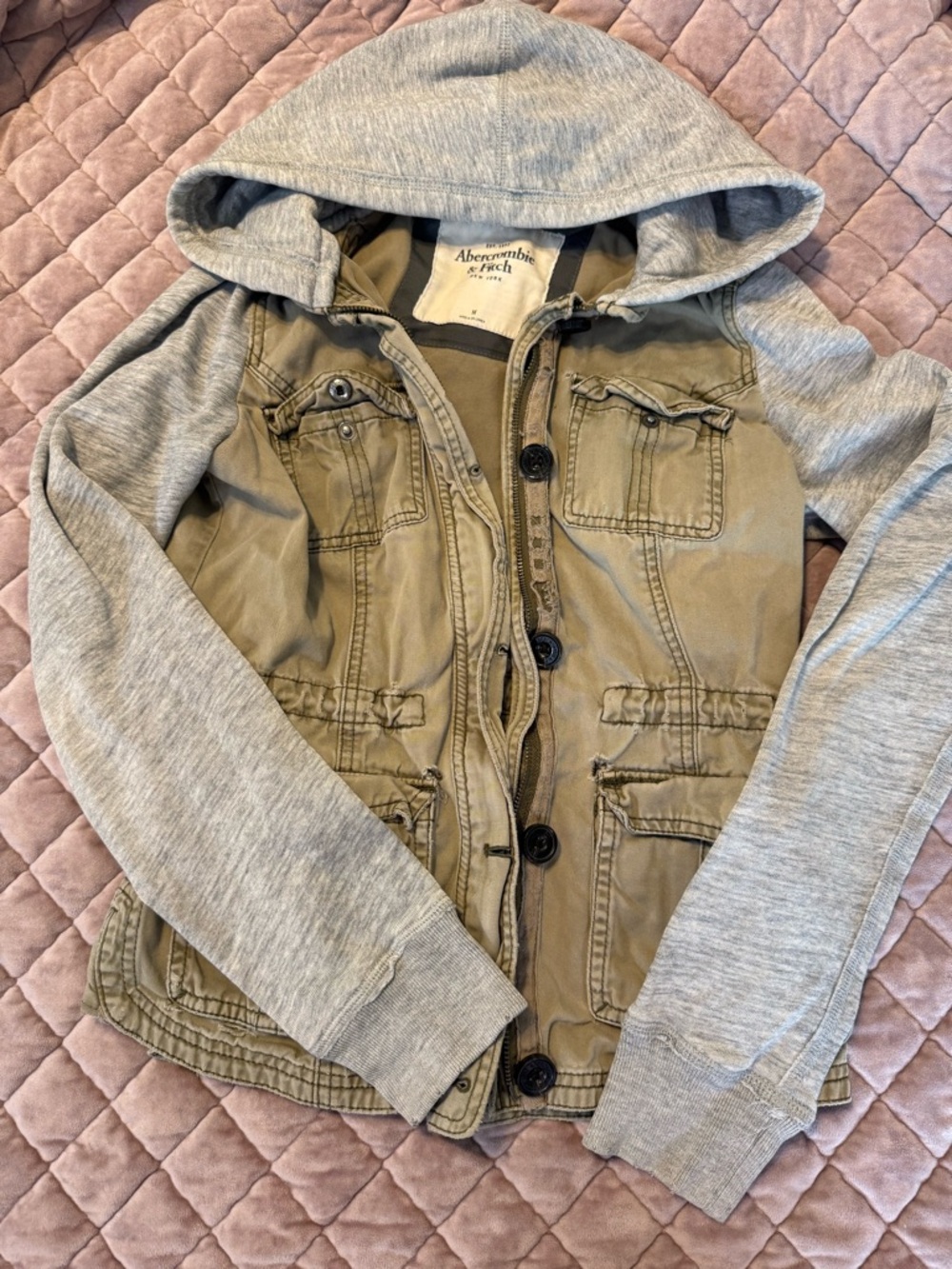 Abercrombie & Fitch Khaki Jacket with Gray Hooded Sleeves